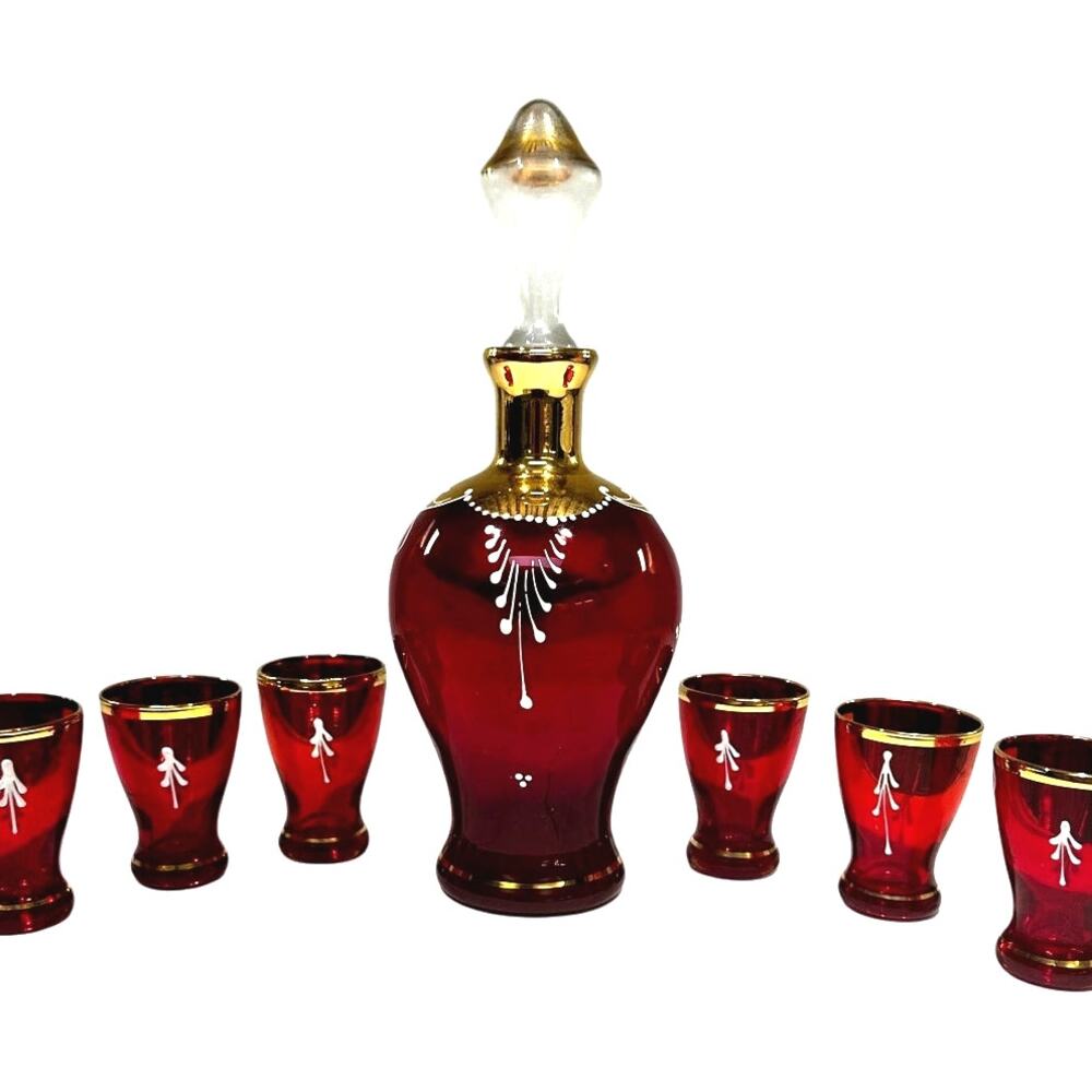 Bohemian Cranberry Glass Decanter Shot Glass Set Hand Painted Gold Floral Design - Picture 2 of 12